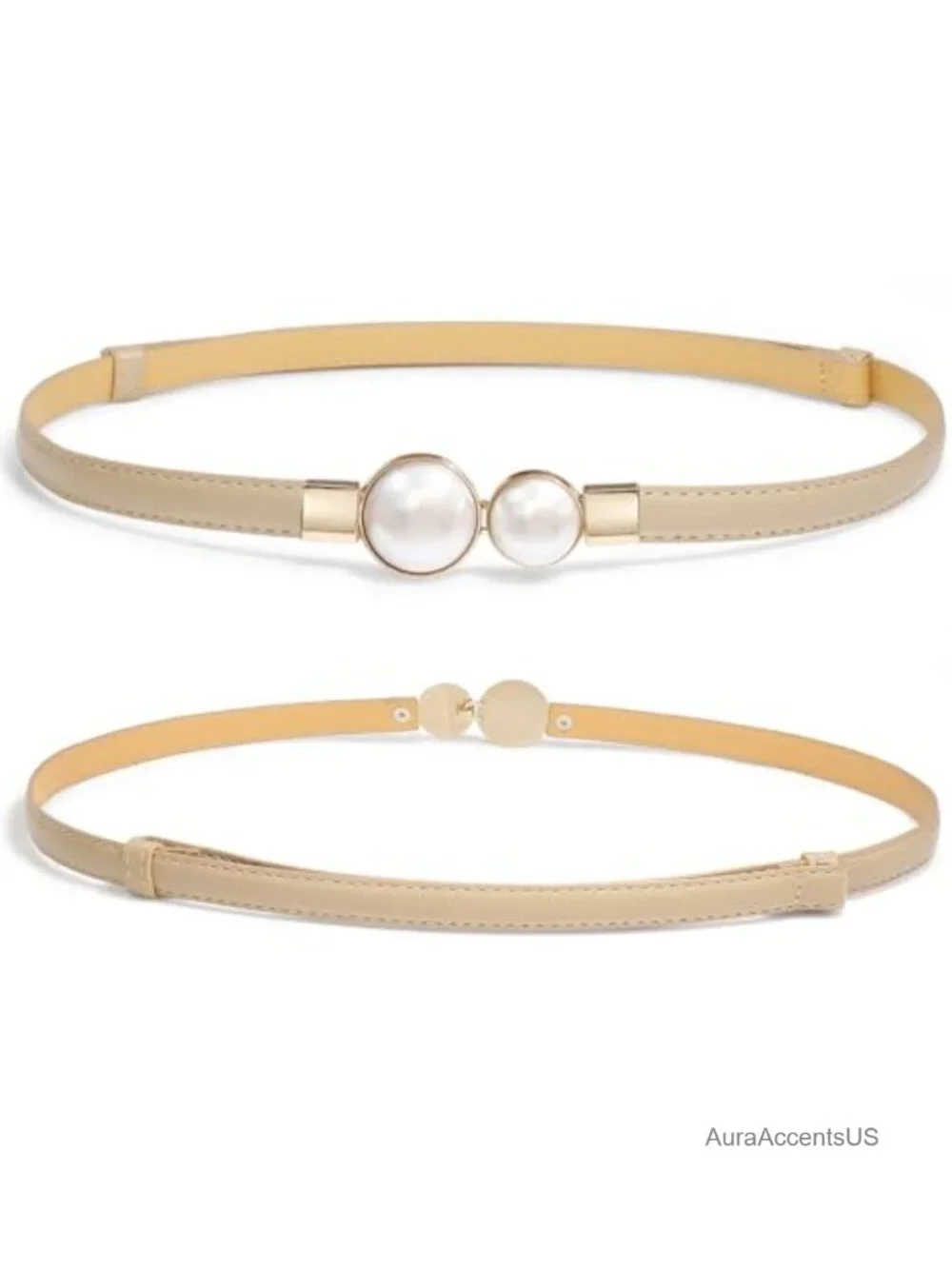 Thin PU Leather Skinny Belt with Pearl Buckle for Dresses